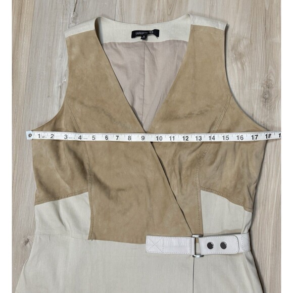 Lafayette 148 Leather Combo Wrap Dress A-Line w Buckle Beige Linen-Blend size 10 - Picture 11 of 16